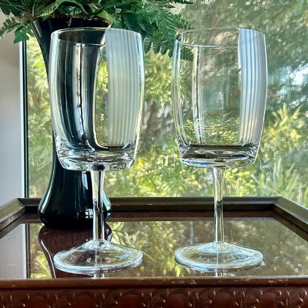 Pair of Vintage Stemmed Water Goblets with Vertical Frosted Stripes – 8” Tall